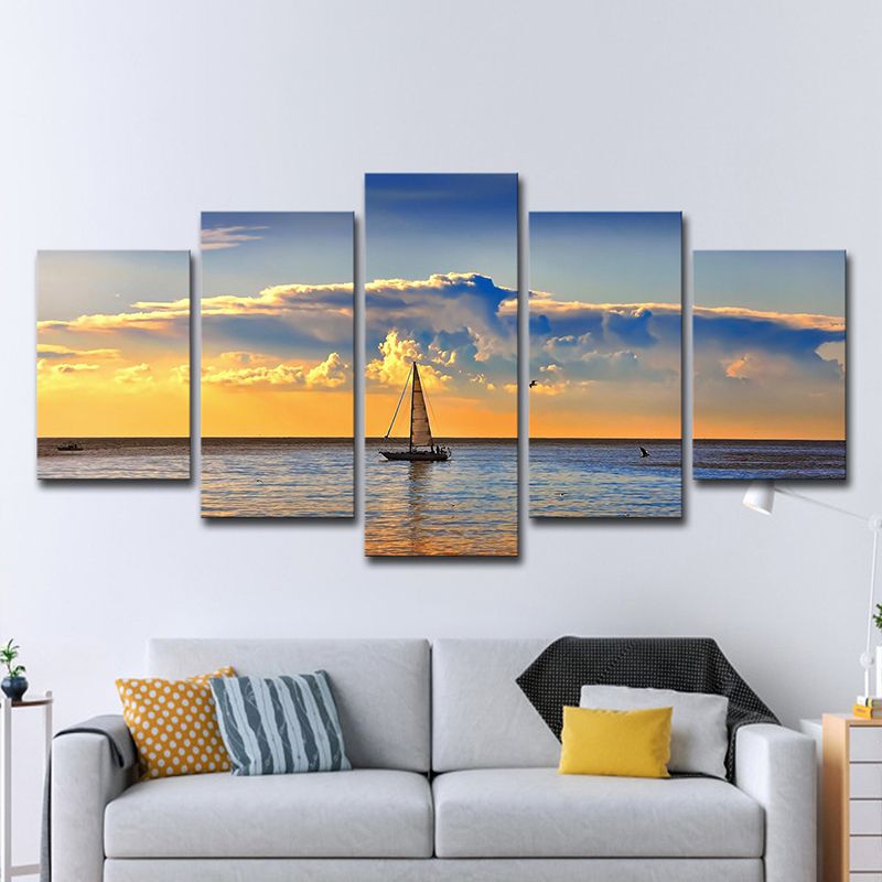 Photography Sailboat in Ocean Sunset Art Print for Living Room, Sky Blue and Yellow