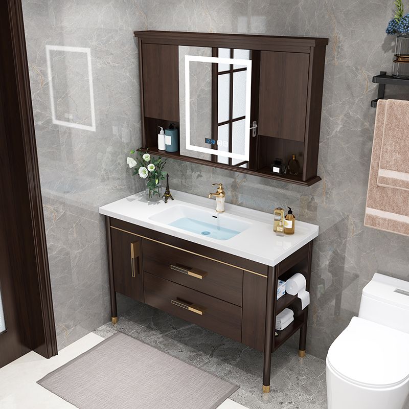 Wood Frame Bathroom Vanity Drawers Single Sink Rectangle Freestanding Vanity with Mirror
