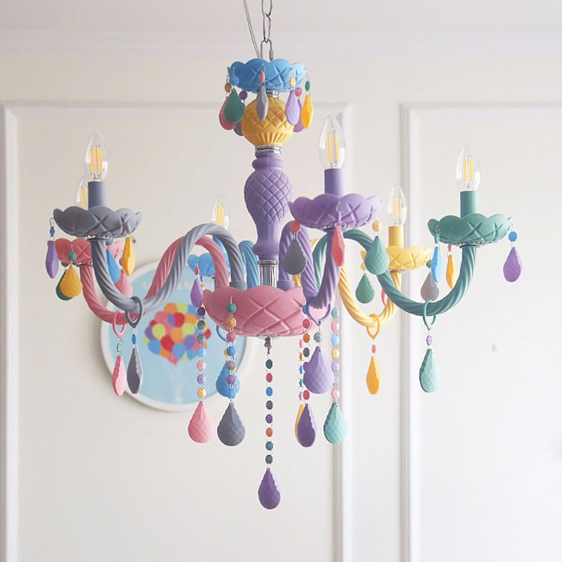 Candelabra Ceiling Chandelier Macaron Colorful Glass Kids Bedroom Pendant Light in Purple