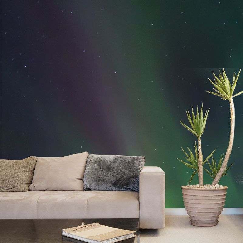 Aurora on Starry Sky Mural in Purple-Green Modernism Wall Covering for Living Room