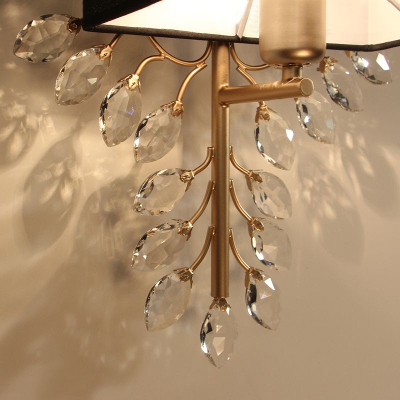 Black Rectangle Sconce Light Fixture Vintage Style 1 Bulb Fabric Wall Light with Clear Crystal Branching Design