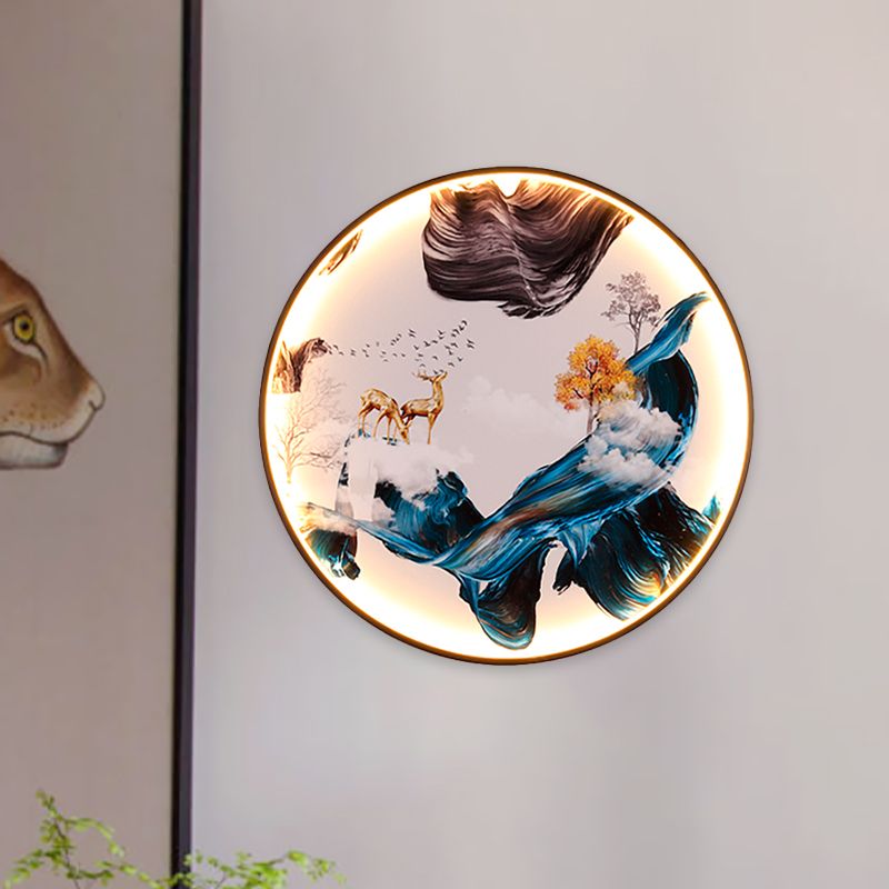 Chinese Birds/Elk Design Wall Art Metal Living Room LED Mural Wall Mount Lighting in Black
