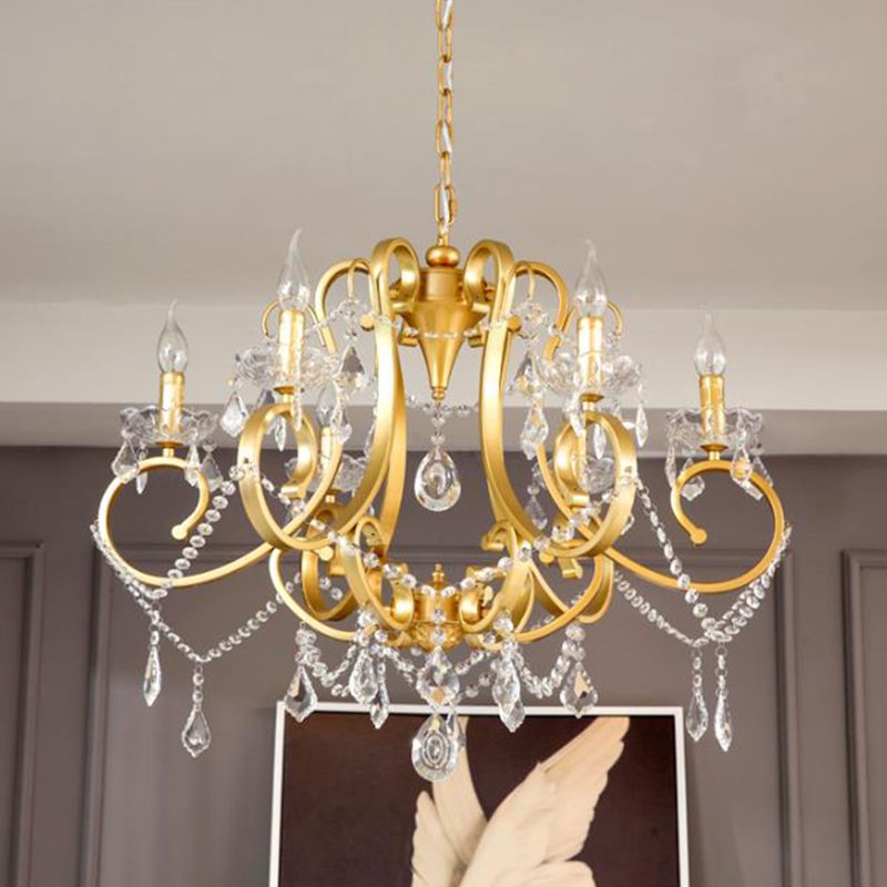 Candle Dining Room Pendant Ceiling Light Crystal Drop 6 Heads Postmodern Chandelier Lamp in Brass