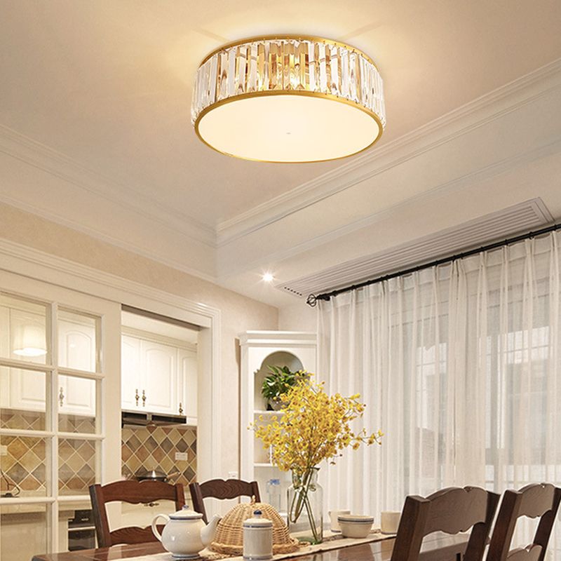 Drum Shade Flush Mount Gold Ceiling Light Fixture with Crystal for Bedroom