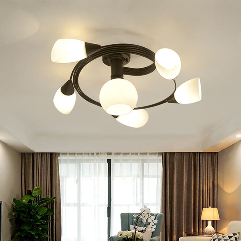 Luz de techo espiral retro de lámpara de vidrio blanco de vidrio semi de montura de montaje para sala de estar