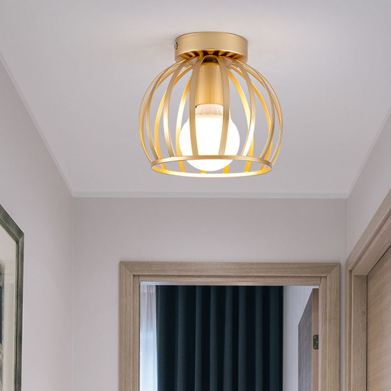 Black/Gold Metal Cage Ceiling Mounted Light Minimalism 1 Light Flushmount Lighting for Corridor