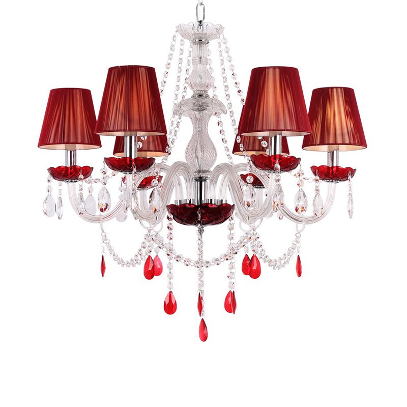 Rood 6 bollen kroonluchter modernistische kandelaar kristallen hanger lichtarmatuur met conische schaduw