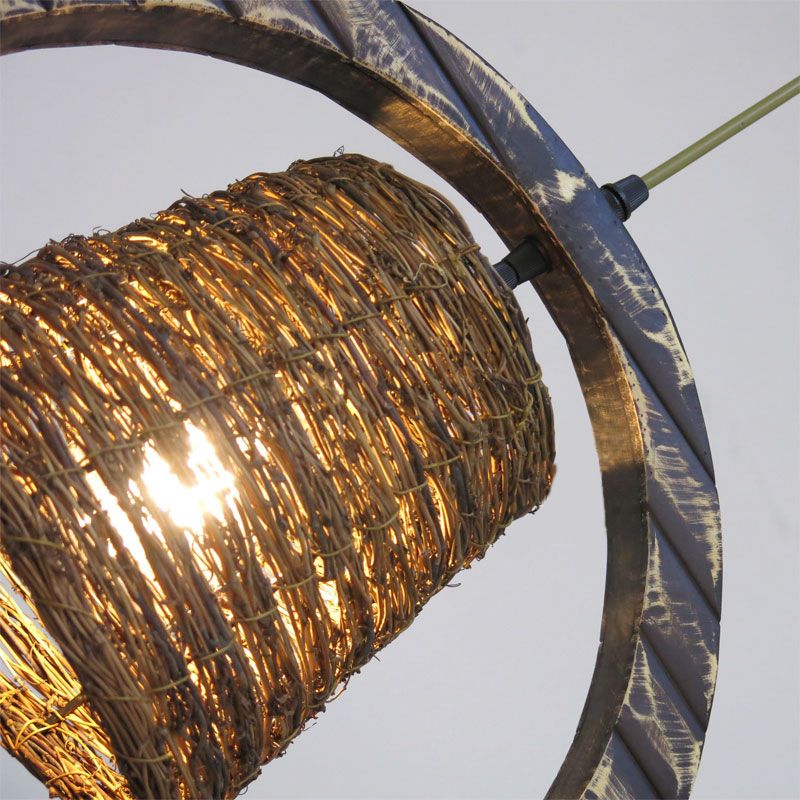 Luz de colgante de ratán Estilo moderno 1 cabezal lámpara colgante marrón con anillo vertical de madera