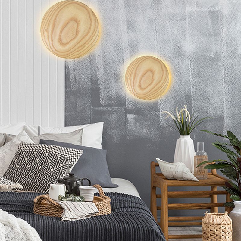 Atmosphere Circle Shape Wall Sconce Light Natural Oak LED Wall Lighting for Bedroom