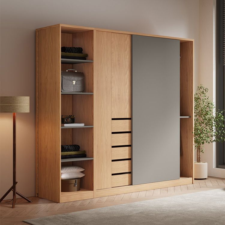 Natural Finish Modern Wardrobe Armoire Solid Wood and Engineered Wood Armoire