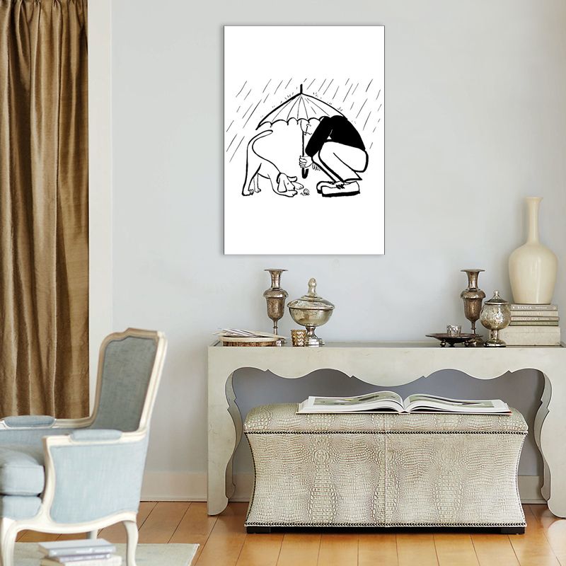 Man Playing with Dog Art Print Minimalist Canvas Wall Decor in Black-White for Bedroom