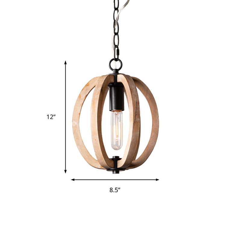 Country Style Orb Drop Light Wood One Light Ceiling Pendant Light in Black for Foyer