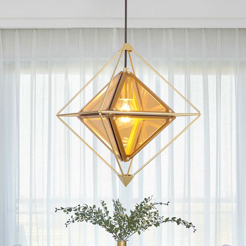 Black/Gold/Amber Glass 1-Light Drop Pendant Colonial Diamond Shape Ceiling Light Fixture with Exterior Iron Frame
