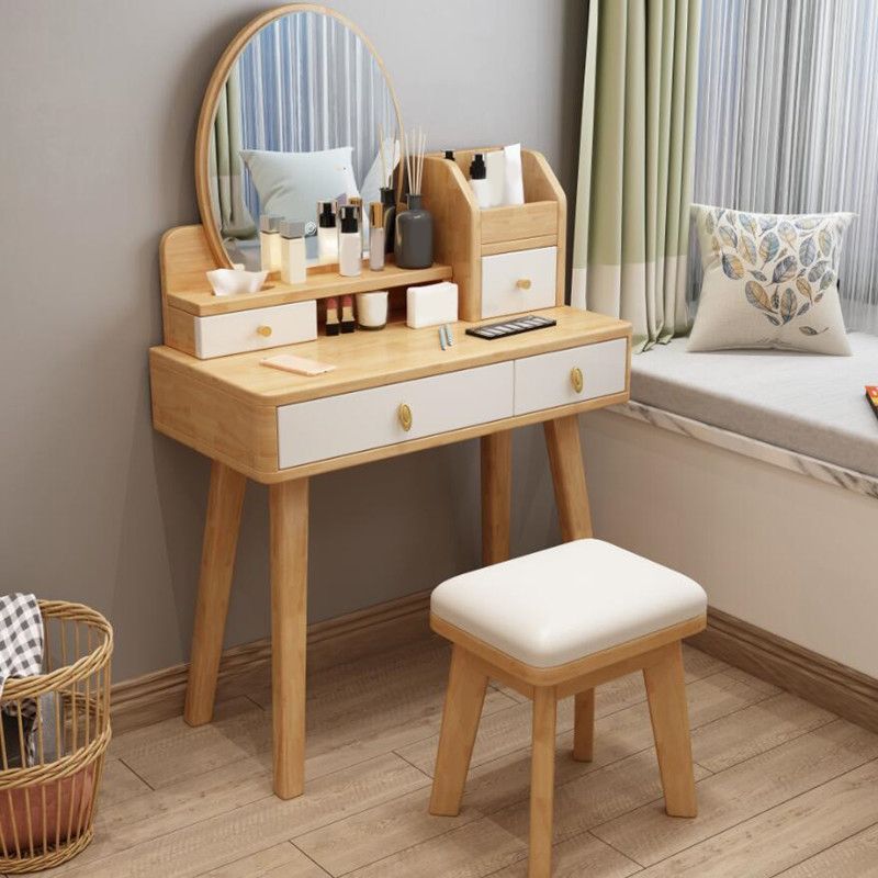 4 Drawer & Mirror Wood Vanity Desk Jewelry Makeup Dressing Table Set