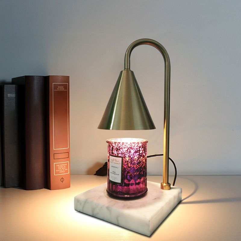 Mid-Century Cone Night Lamp Metal 1 Bulb Bedroom Gooseneck Table Lighting in Black/White/Gold with Marble Tray Base