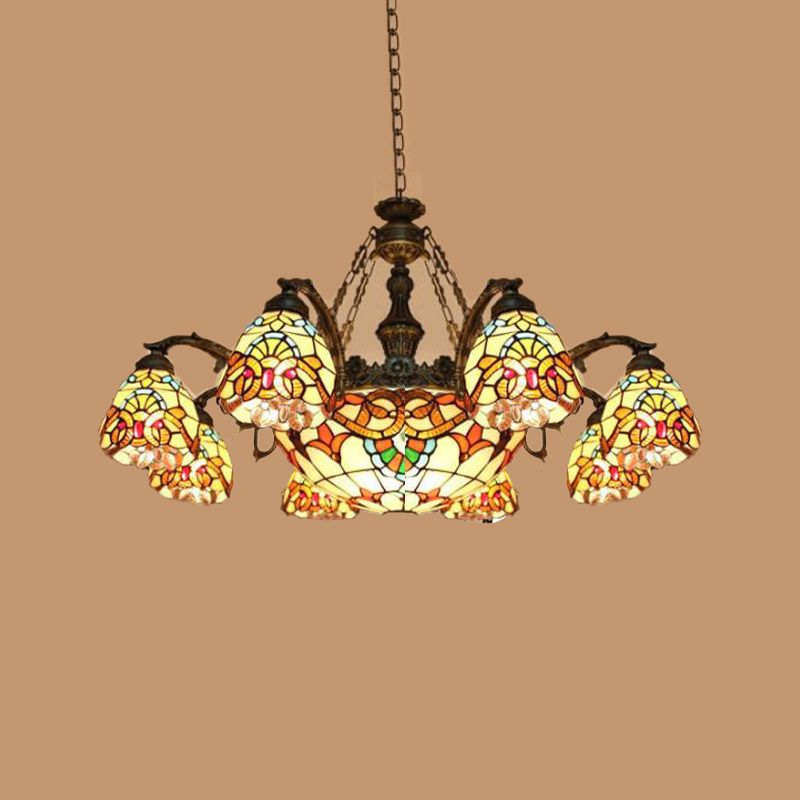 8/11 Lights Living Room Ceiling Chandelier Mediterranean Brown Pendant Lamp with Flower Stained Glass Shade