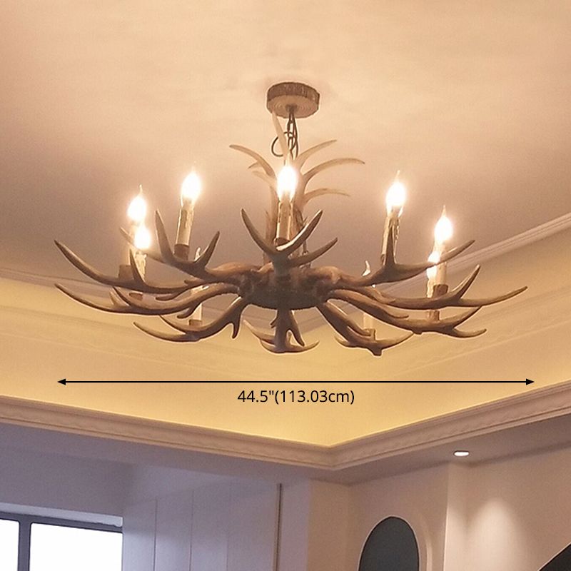 Fake Antler Chandelier Lighting Rustic Brown Resin Ceiling Light with Candle Design