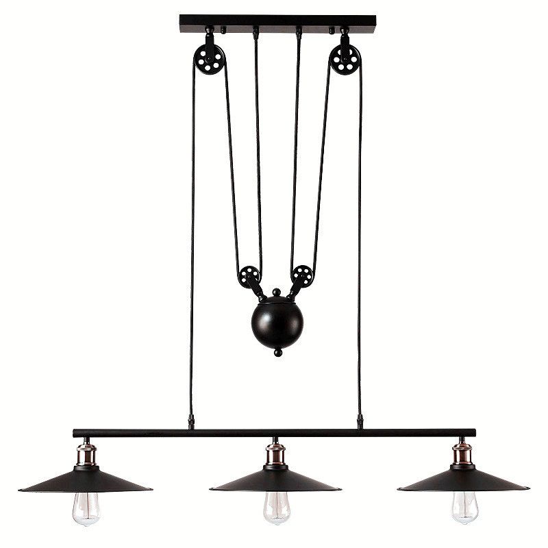3 Lights Metal Pulley Island Pendant Lighting Industrial Black Cone Shade Island Lamps