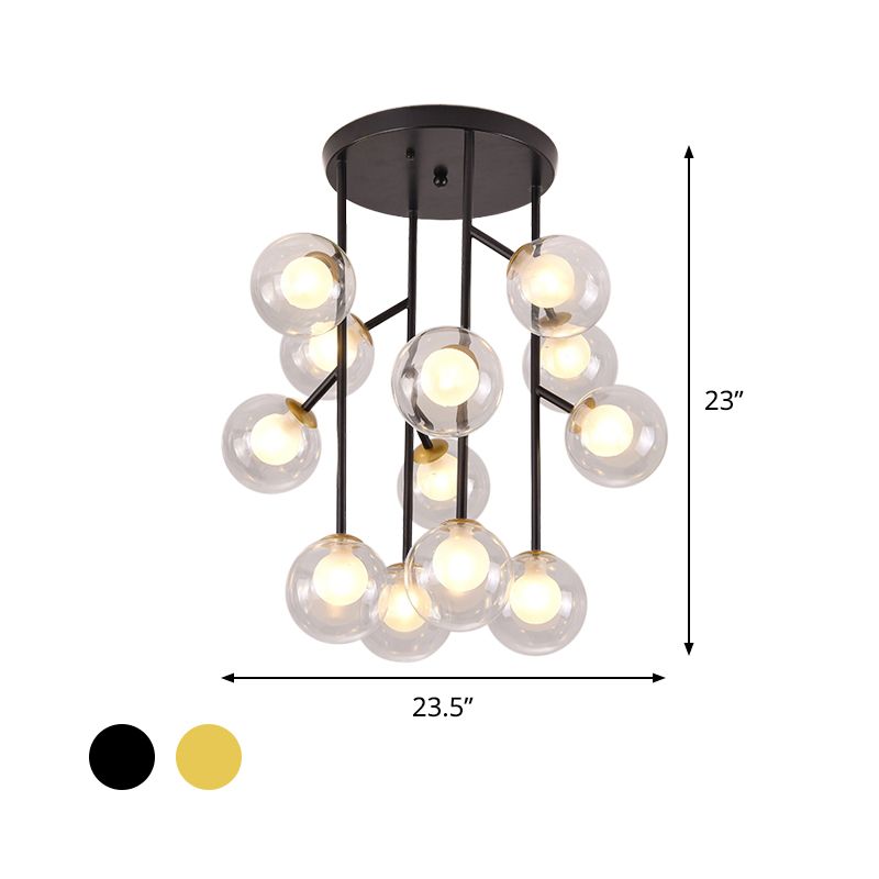 Ball Semi Mount Lighting Modern Clear Glass 9/12 Heads Living Room Close to Ceiling Lamp in Black/Gold