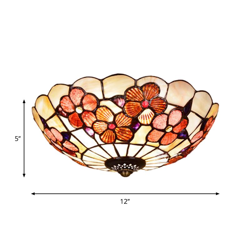 Peony-Pattern Bowl Flushmount Tiffany Shell 3/4 Bulbs Pink Ceiling Light Fixture, 12"/16"/21" Dia