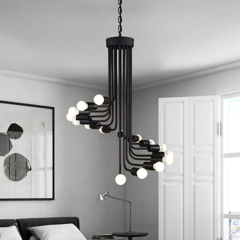 Industrial Angled Arm Ceiling Chandelier with Spiral Design Iron 16/26 Bulbs Dining Room Pendant in Black