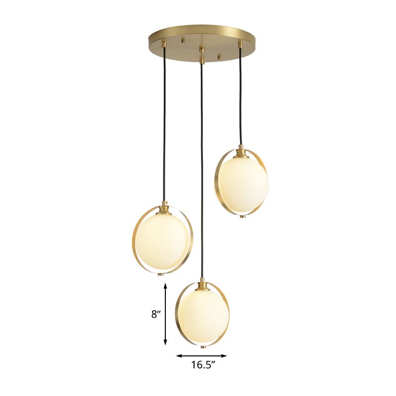 Opal Glass Ball Suspension Lighting Modern 3 Heads Cluster Pendant Lamp in Gold with Linear/Round Canopy