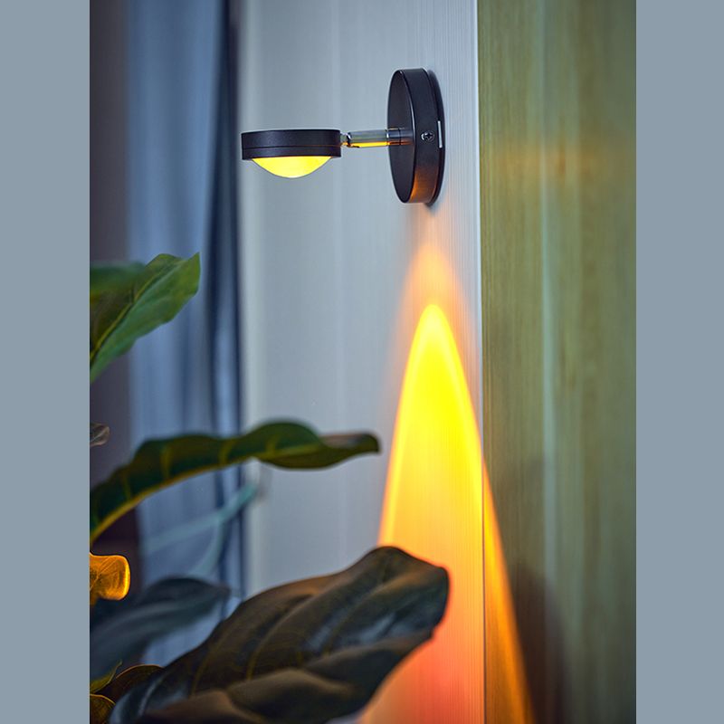 Round Sunset Projection Lamp Trendy Modern Metal Bedside LED Wall Light in Black