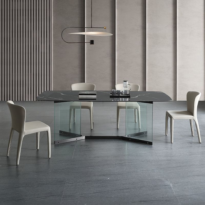 Modern Glass Base Table Rectangle Stone Top Dining Table for Kitchen