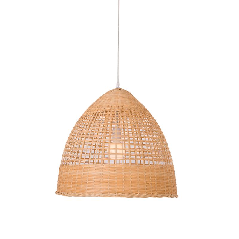 Asian Cloche Pendant Ceiling Light Bamboo 1-Light Dining Room Hanging Lamp in Beige