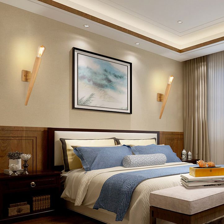 Japanese Style Wood Wall Light Geometric Shape Wall Sconce Lamp Fixture for Bedroom