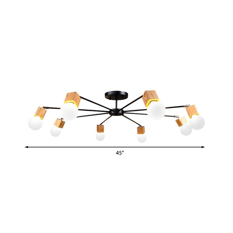 3/5-Light Ceiling Lamp Loft Industrial Open Bulb Metal Semi Flush Light in Wood for Bedroom