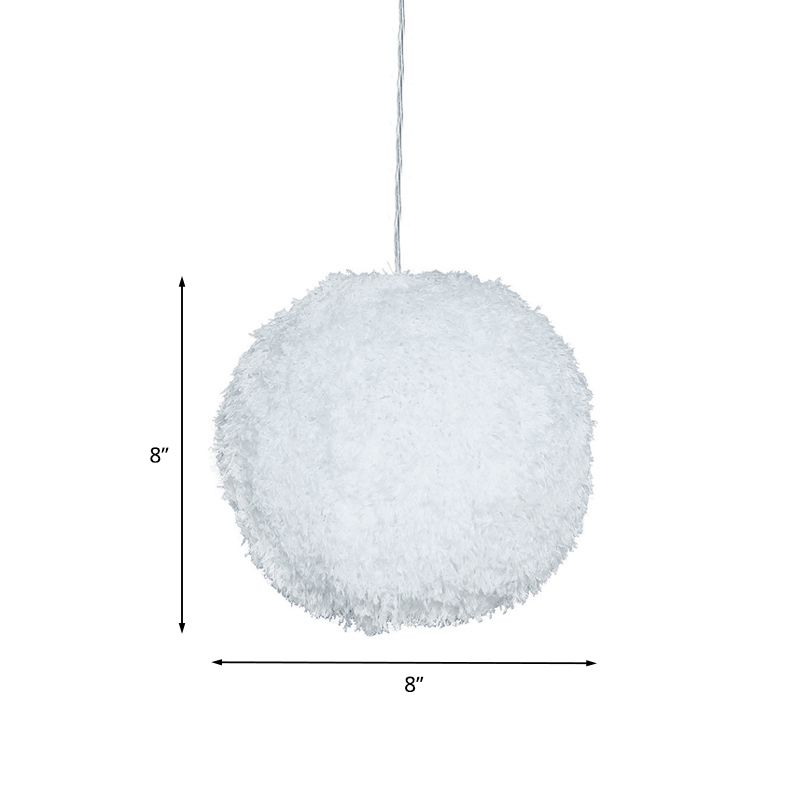 White Plush Globe Hanging Lamp Modern Vogue 1 Head Fabric Suspension Lighting for Bedroom, 8"/12" Dia
