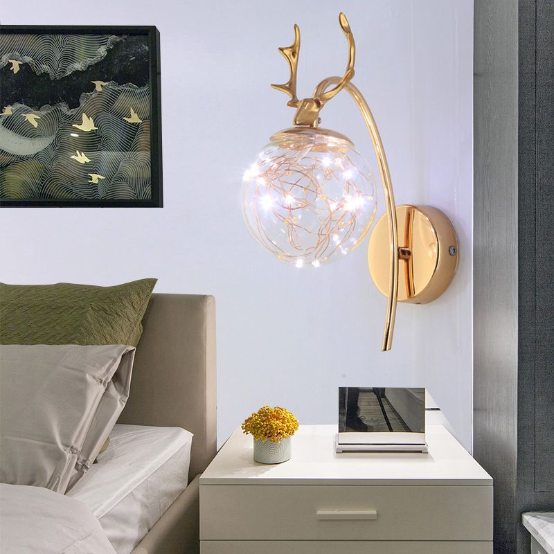 Nordic Style Iron Wall Light Ball Shape LED Wall Lamp with Glass Shade for Bedroom