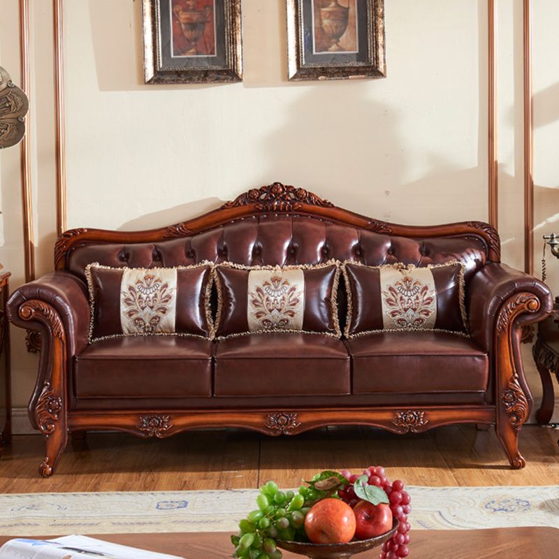 Genuine Leather  Sofa Tufted Split-Back Rolled Arm Sofa in Brown
