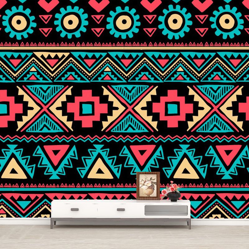 Boho-Chic Seamless Pattern Murals Red-Yellow-Green Bedroom Wall Covering, Custom Print