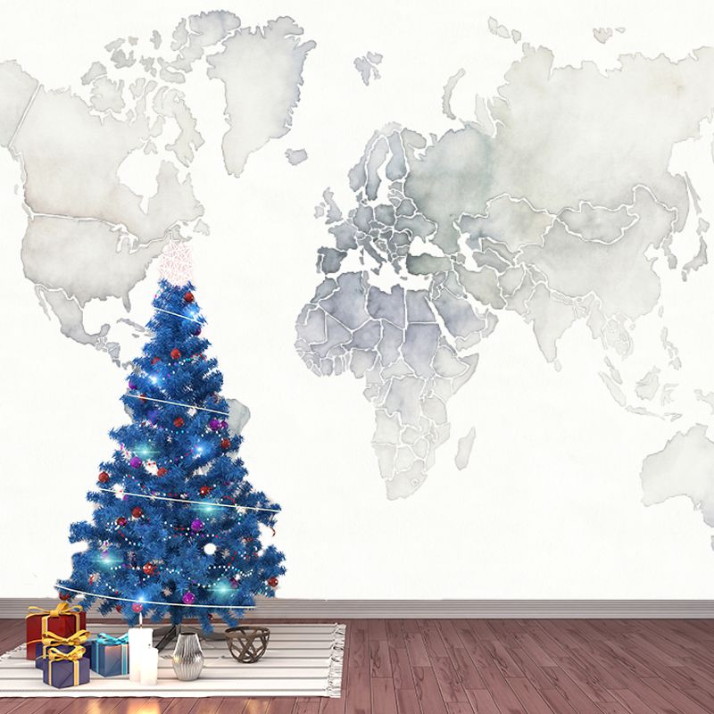 Pewter Minimalist Mural Full Size World Map Wall Covering for Accent Wall