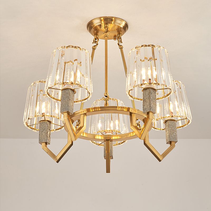 6 Heads Crooked Arm Semi Flush Modern Gold Clear Crystal Tapered Shade Ceiling Light