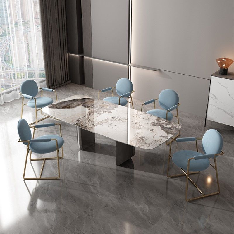 Industrial Double Pedestal Dining Table Rectangle Stone Top Dining Room Table