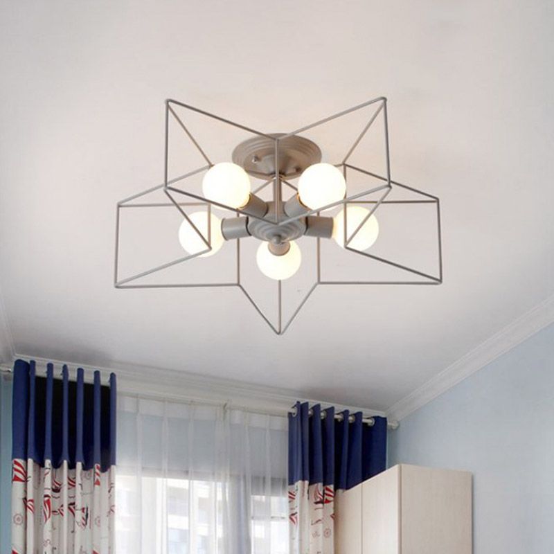 Pentacle Frame Iron Flush Mount Light Kids 5-Bulb Pink/Grey/Blue Semi Flush Ceiling Light for Baby Room