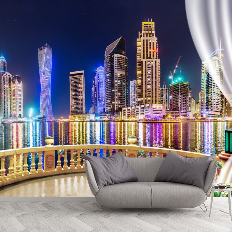 Big Photo Simple Wall Mural Decal for Meeting Room Decor with Over Balcony Scene Design in Yellow and Blue