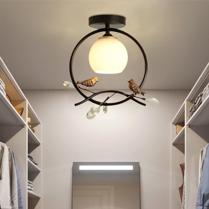 Metal Ring Semi-Flush Mount Modernist 1-Head Black/Gold Finish Flush Lighting with Bird and Crystal Deco