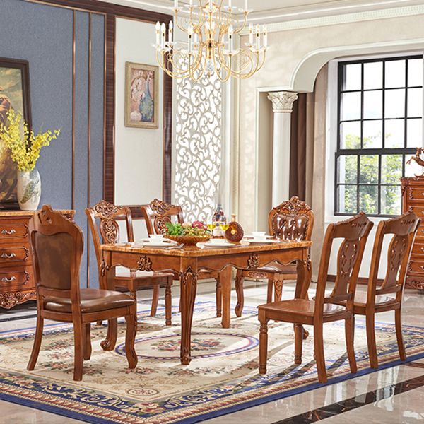 Rubberwood Victorian Rectangular Dining Table Marble Top Dining Table with 4 Legs