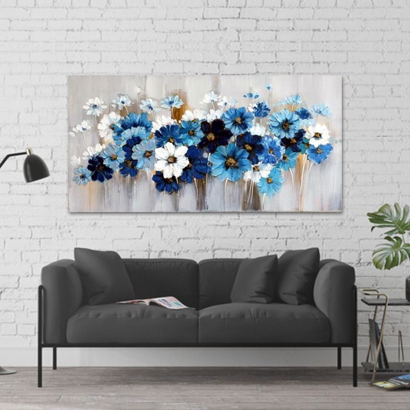 Daisies Wall Art Print Blue and White Canvas Painting for Living Room, Textured Surface
