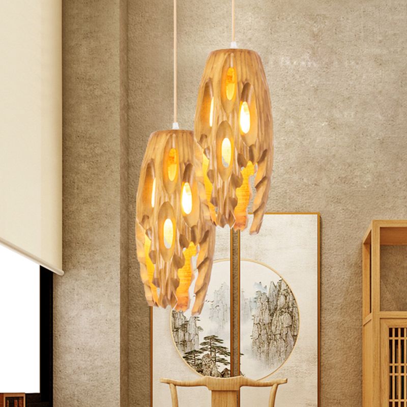 Cylindrical Cutouts Bistro Pendulum Light Wood 1-Light Lodge Pendant Ceiling Light