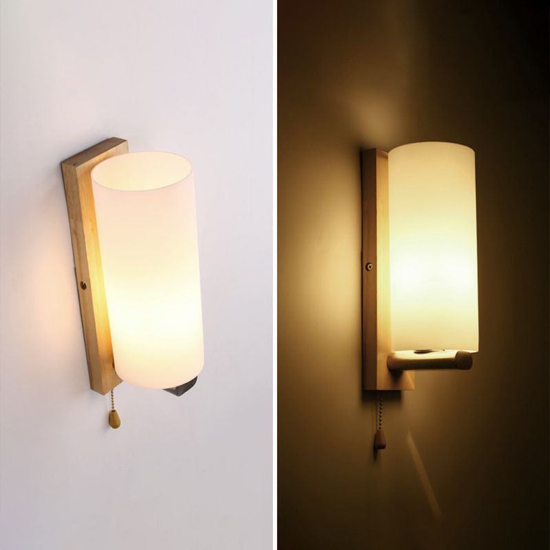 White Glass Wall Light in Modern Concise Style Wooden Cylindroid Wall Sconce for Bedroom