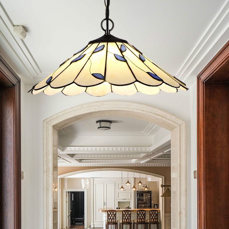 Flared Pendant Lighting 1 Bulb Beige Stained Glass Tiffany-Style Hanging Ceiling Light with Leaf Pattern