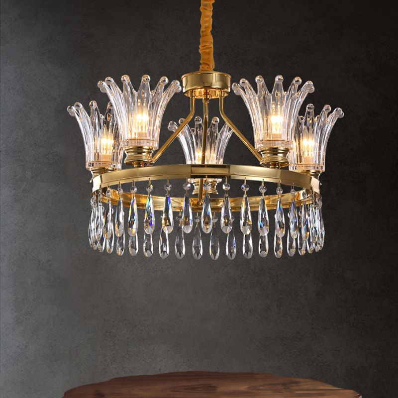 5/8 bollen uit de wijd laaide kroonluchter lichtbarmsel klassiek goud helder kristal plafond hanger met druppelontwerp