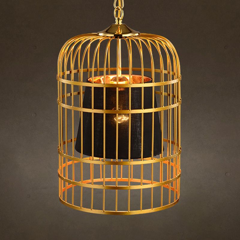 Golden Birdcage Design Metal Suspension Light Fabric Shade Creative Lighting Fixture with 35.5" Adjustable Hanging Chains