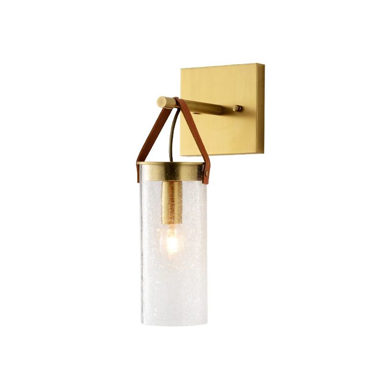Postmodern Cylindrical Sconce Ideas Clear Crack Glass 1 Head Dining Room Wall Mounted Lamp in Brass with Leather Strap
