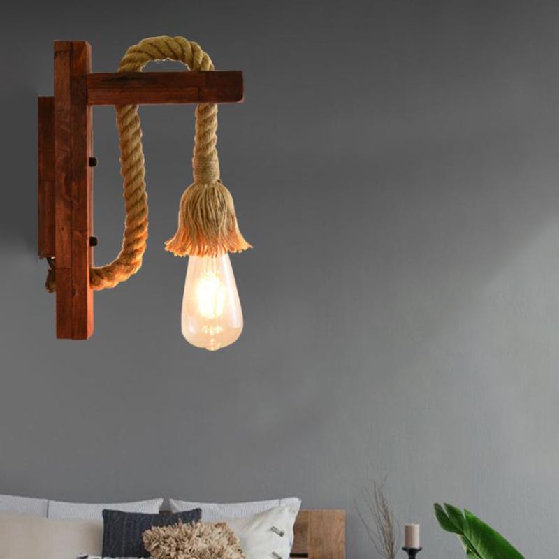 Rope Exposed Bulb Sconce Lighting Coastal 1 Light Living Room Wall Mounted Lamp in Red/Brown/Wood